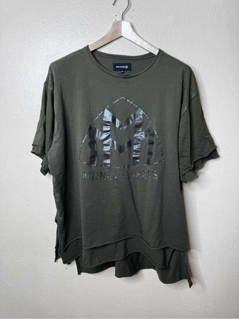 Makobi Men’s 3XL Olive Green Money Makers Metallic Logo Oversized T-Shirt